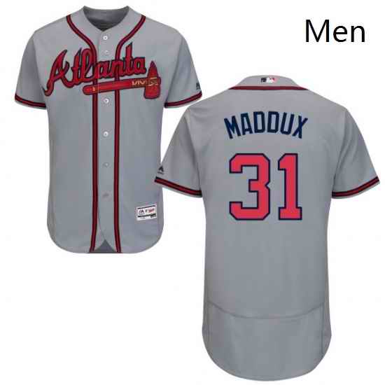 Mens Majestic Atlanta Braves 31 Greg Maddux Grey Road Flex Base Authentic Collection MLB Jersey